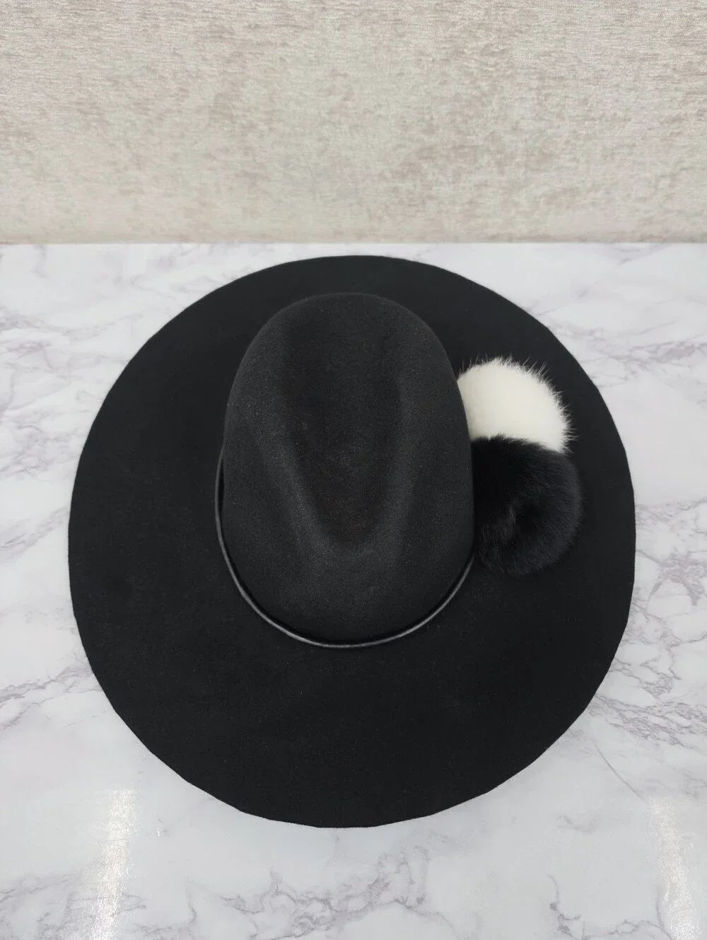 Echo Wool Cloche Floppy Brim Hat Leather Band with Rabbit Fur Pom Poms Black